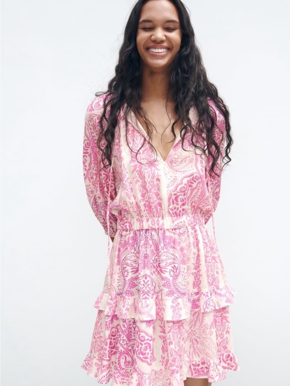 Zara Pink Paisley Tiered V-Neck Mini Dress - Picture 2 of 8